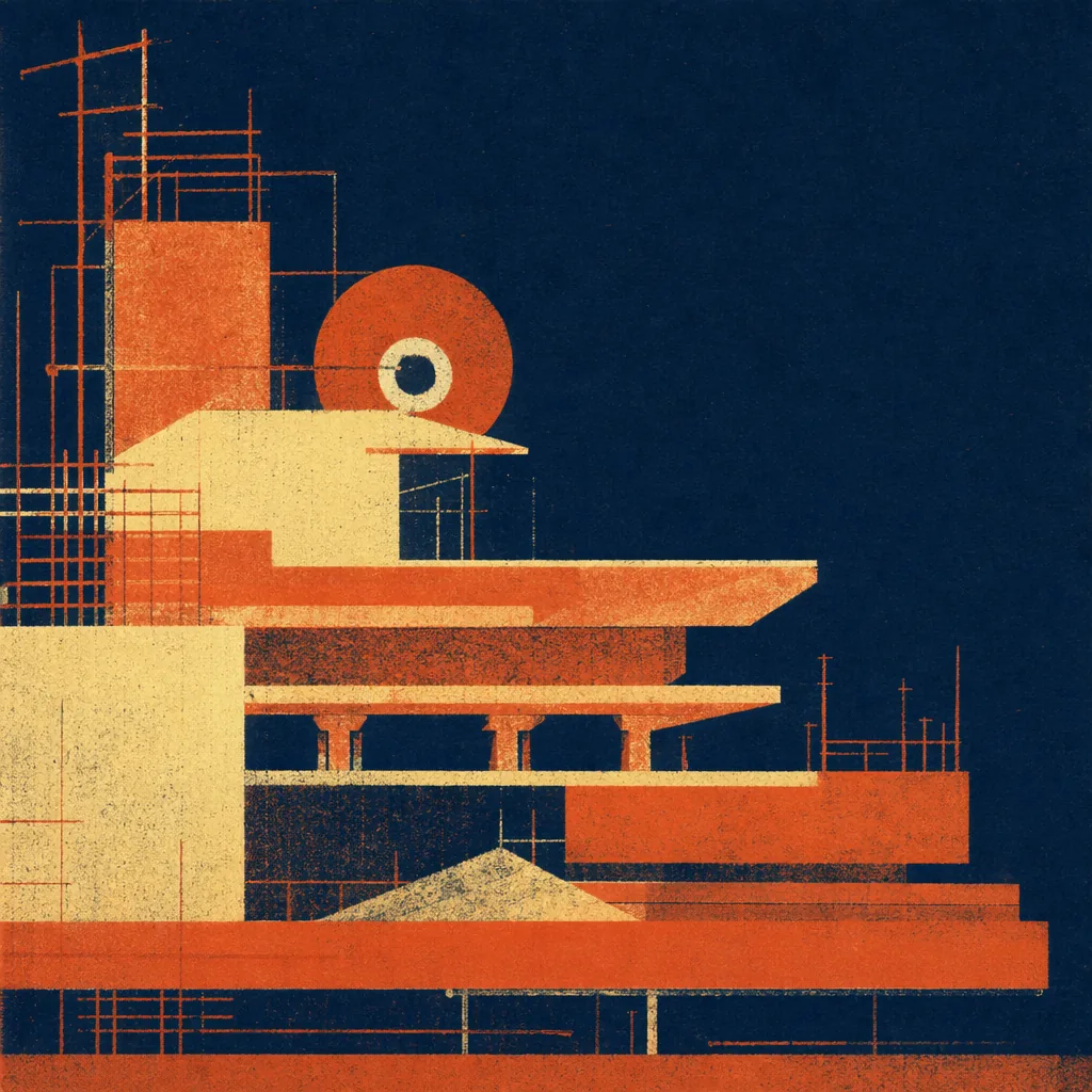 Risograph 双色叠印插图:在深蓝纸底上以暖橙叠印出阶梯、网格与圆形,抽象表达基础设施层叠的意象